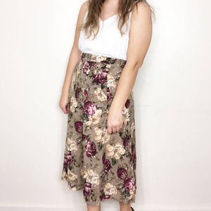 VINTAGE 90'S | Women's Large Brown Floral Button Down Boho Midi Prairie Skirt
